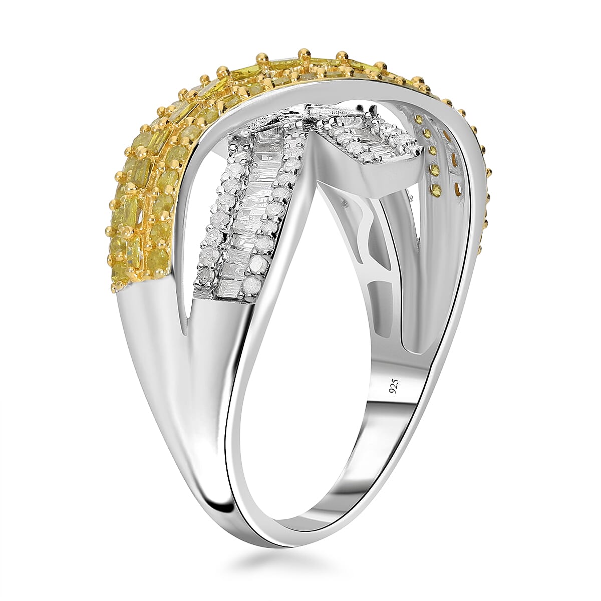Yellow and White Diamond Ring in Platinum Over Sterling Silver (Size 9.0) 1.00 ctw image number 2