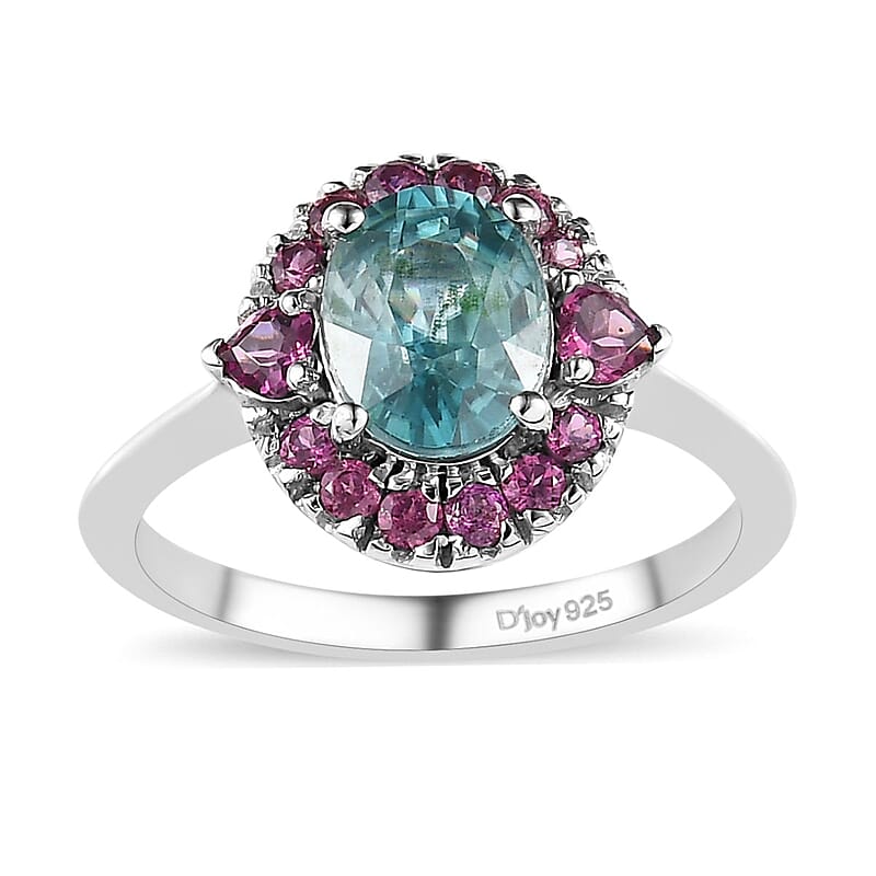 Cambodian Blue Zircon and Orissa Rhodolite Garnet Halo Ring in Platinum Over Sterling Silver (Size 10.0) 2.90 ctw