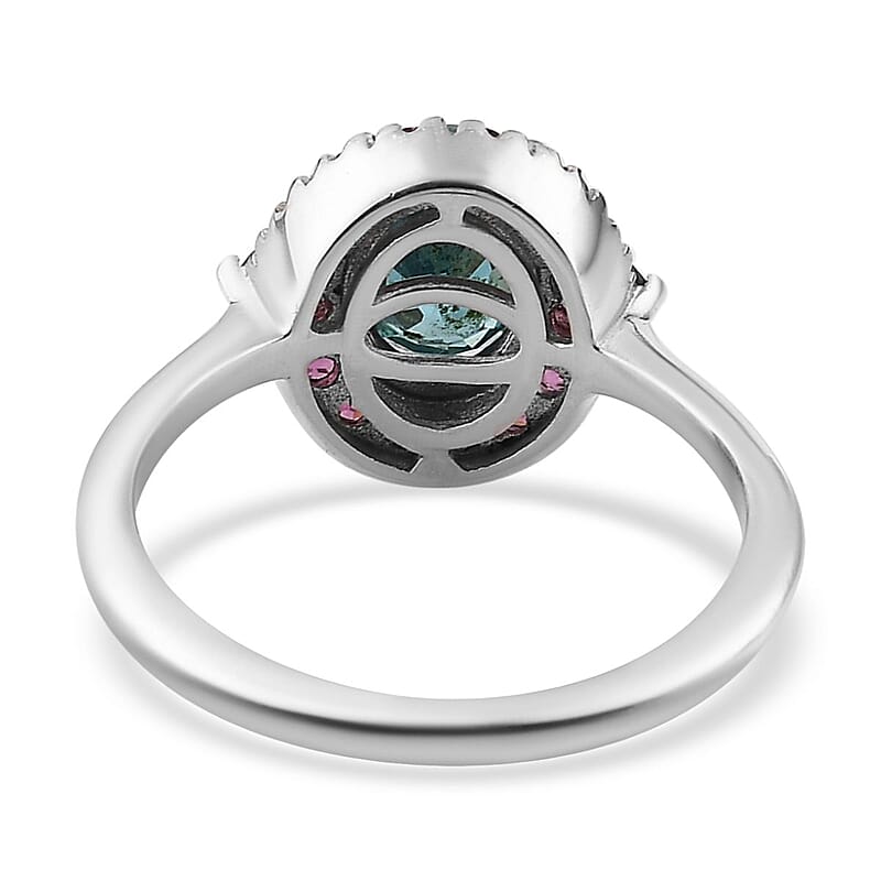 Cambodian Blue Zircon and Orissa Rhodolite Garnet Halo Ring in Platinum Over Sterling Silver (Size 10.0) 2.90 ctw