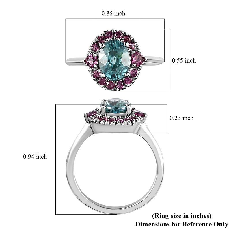 Cambodian Blue Zircon and Orissa Rhodolite Garnet Halo Ring in Platinum Over Sterling Silver (Size 10.0) 2.90 ctw