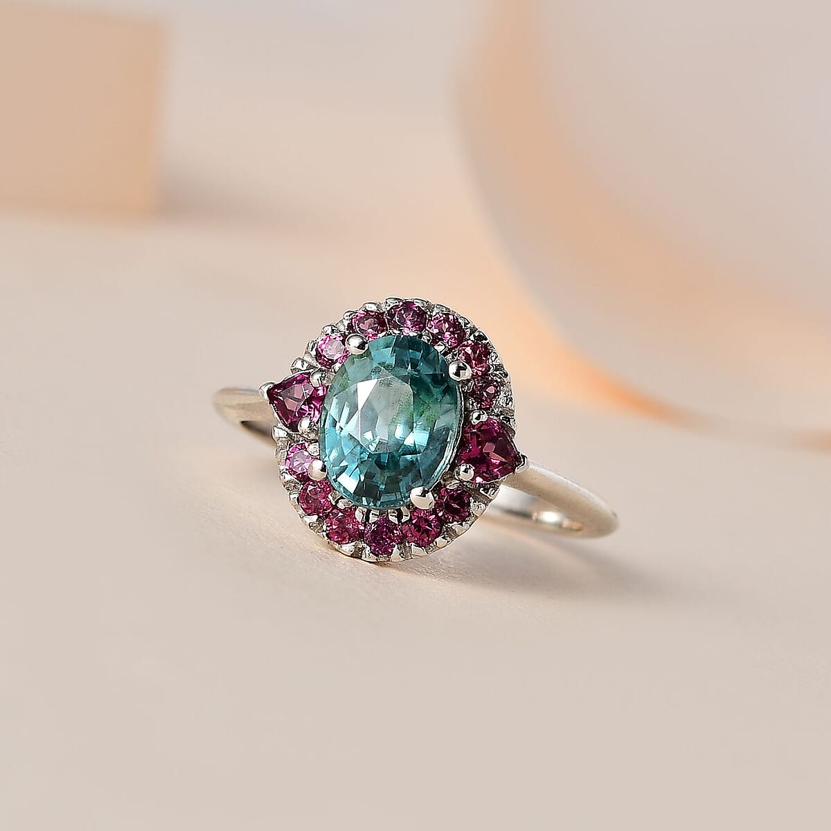 Cambodian Blue Zircon and Orissa Rhodolite Garnet Halo Ring in Platinum Over Sterling Silver (Size 5.0) 2.90 ctw image number 1