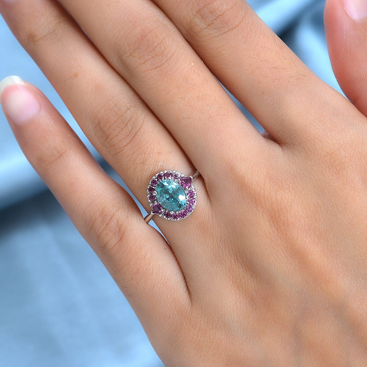 Cambodian Blue Zircon and Orissa Rhodolite Garnet Halo Ring in Platinum Over Sterling Silver (Size 5.0) 2.90 ctw image number 2