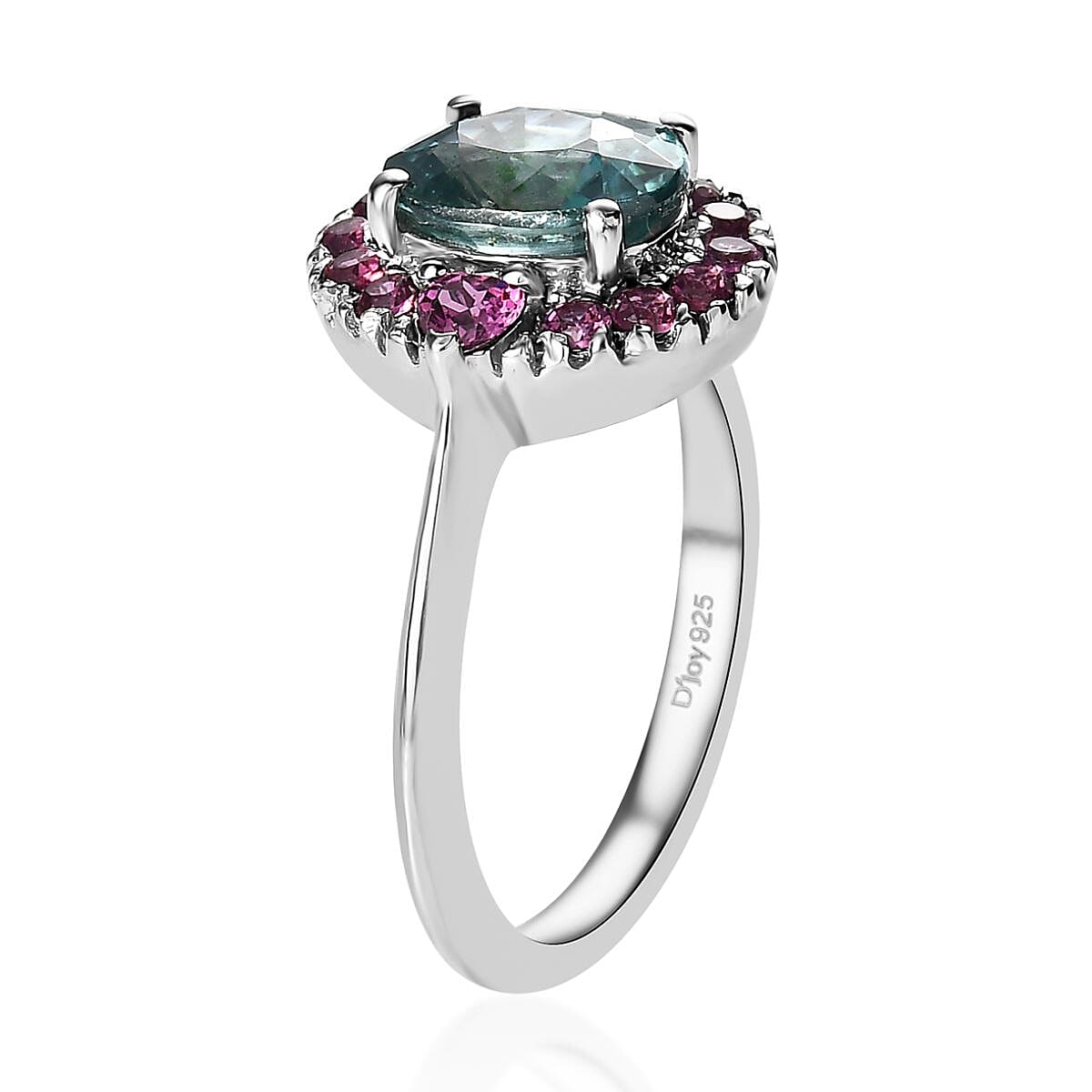 Cambodian Blue Zircon and Orissa Rhodolite Garnet Halo Ring in Platinum Over Sterling Silver (Size 5.0) 2.90 ctw image number 3