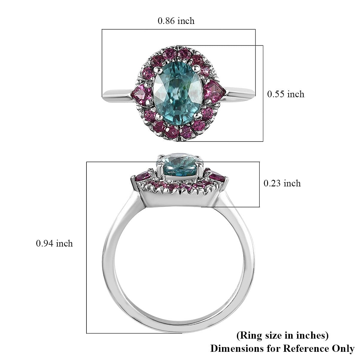 Cambodian Blue Zircon and Orissa Rhodolite Garnet Halo Ring in Platinum Over Sterling Silver (Size 5.0) 2.90 ctw image number 5