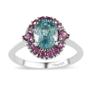 Cambodian Blue Zircon and Orissa Rhodolite Garnet Halo Ring in Platinum Over Sterling Silver (Size 6.0) 2.90 ctw