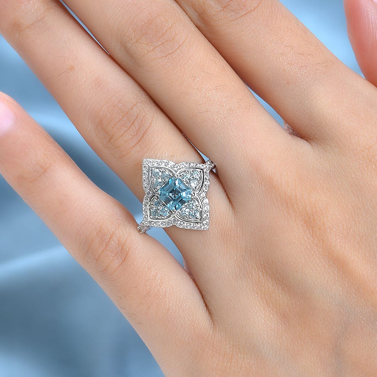 Cambodian Blue Zircon and White Zircon Ring in Platinum Over Sterling Silver (Size 10.0) 2.80 ctw image number 2