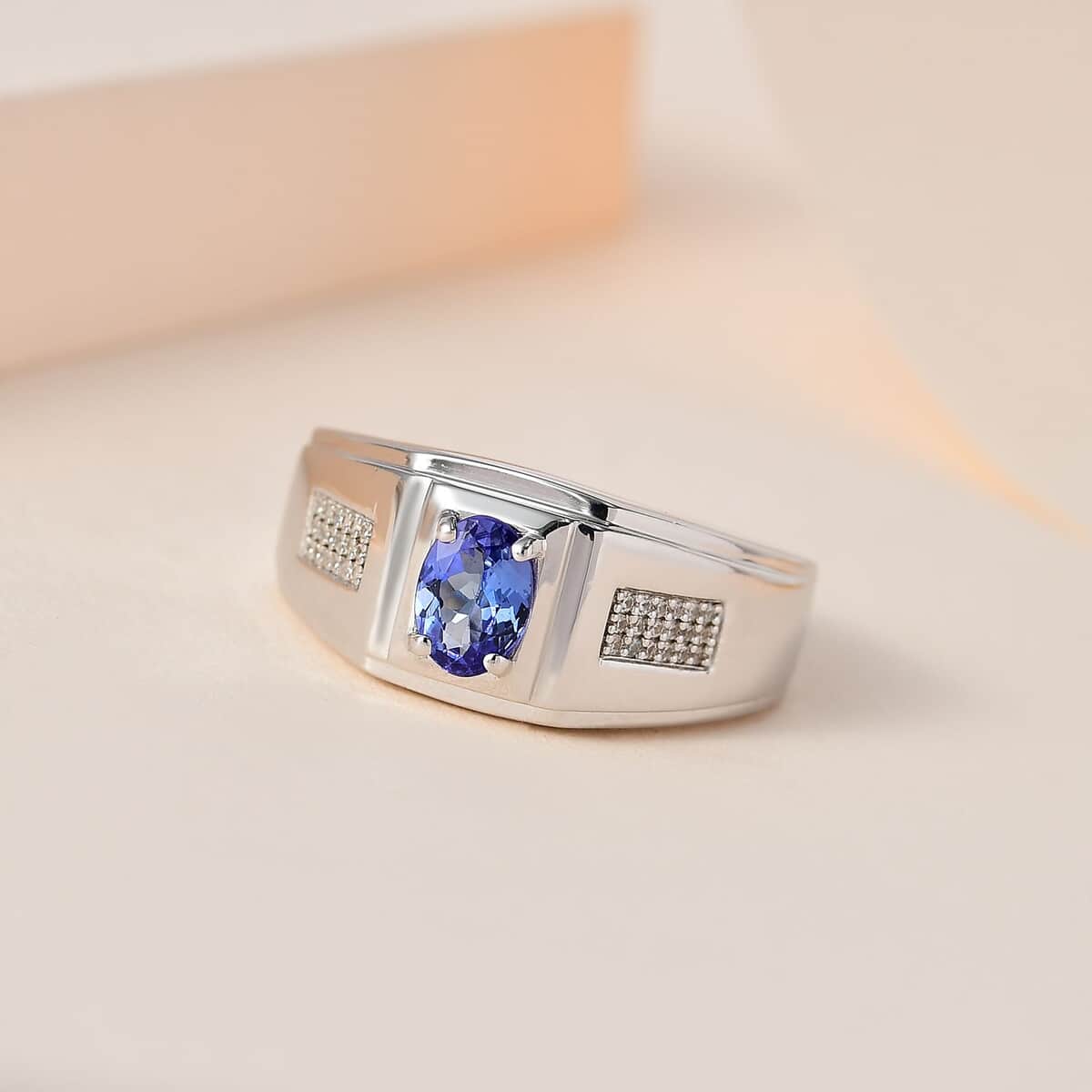 AAA Tanzanite and White Zircon Men's Ring in Platinum Over Sterling Silver (Size 10.0) 0.90 ctw image number 1