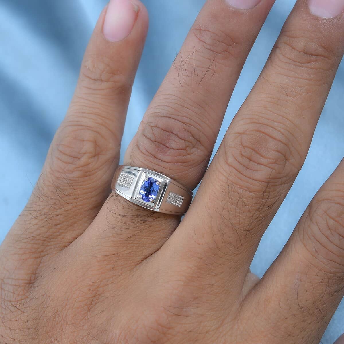 AAA Tanzanite and White Zircon Men's Ring in Platinum Over Sterling Silver (Size 10.0) 0.90 ctw image number 2