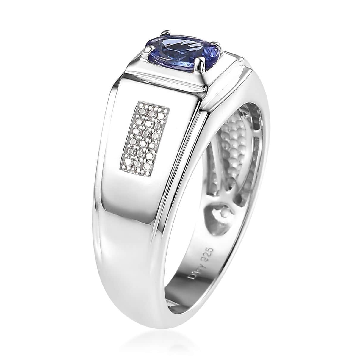 AAA Tanzanite and White Zircon Men's Ring in Platinum Over Sterling Silver (Size 10.0) 0.90 ctw image number 3