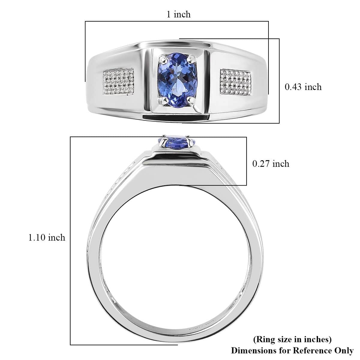 AAA Tanzanite and White Zircon Men's Ring in Platinum Over Sterling Silver (Size 10.0) 0.90 ctw image number 5