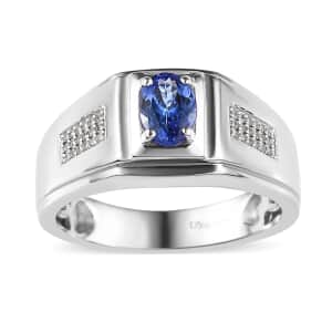 AAA Tanzanite and White Zircon Men's Ring in Platinum Over Sterling Silver (Size 12.0) 0.90 ctw
