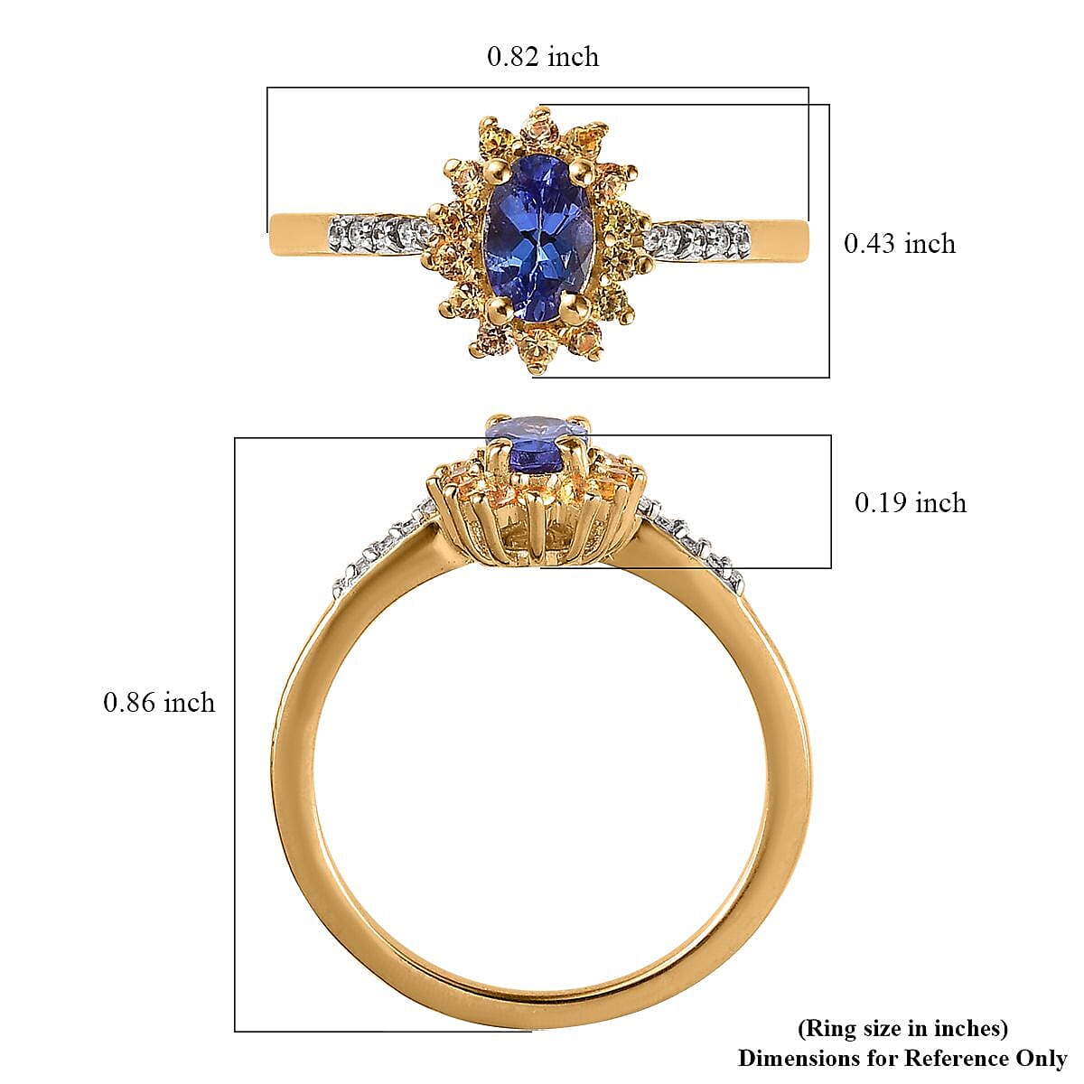 AAA Tanzanite and Multi Gemstone 0.75 ctw Sunburst Ring in Vermeil Yellow Gold Over Sterling Silver (Size 10.0)