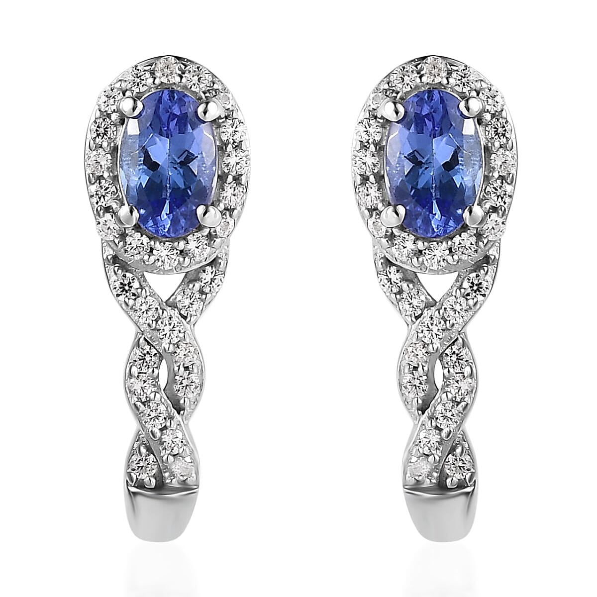 AAA Tanzanite and White Zircon J-Hoop Earrings in Platinum Over Sterling Silver 1.50 ctw