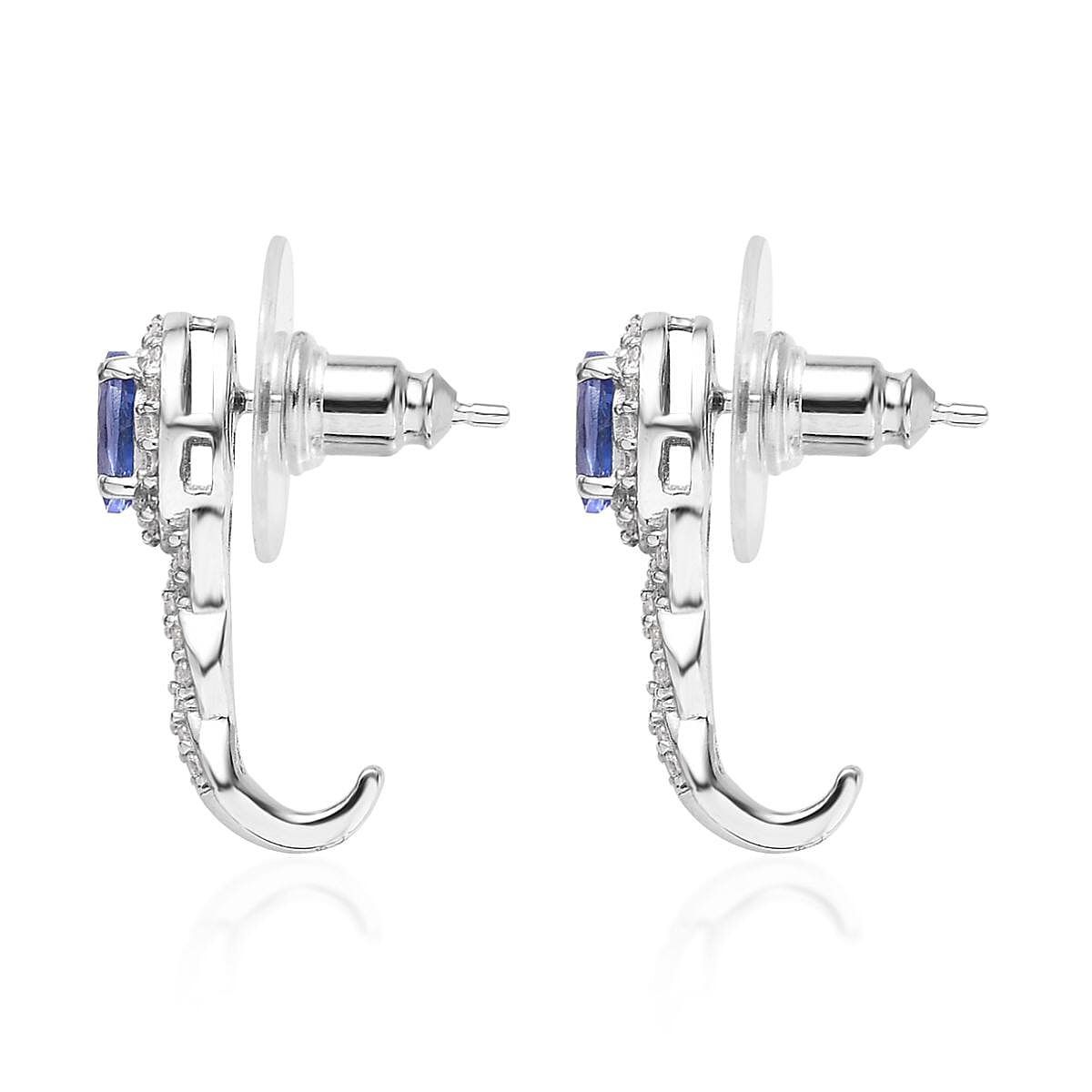 AAA Tanzanite and White Zircon J-Hoop Earrings in Platinum Over Sterling Silver 1.50 ctw