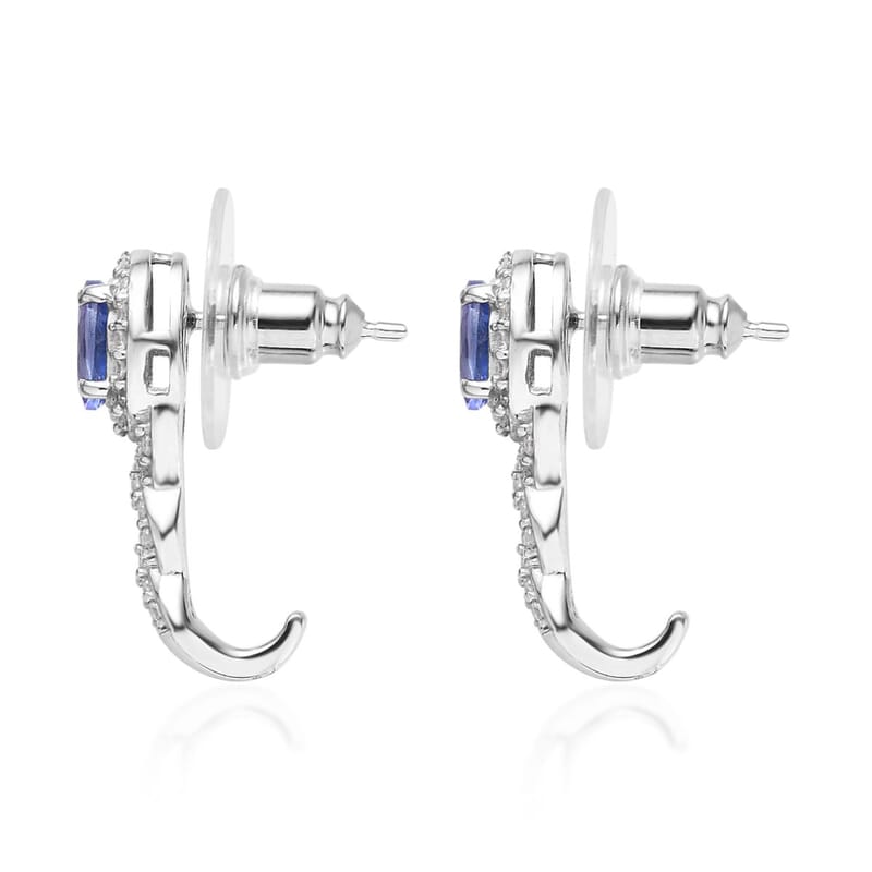 AAA Tanzanite and White Zircon J-Hoop Earrings in Platinum Over Sterling Silver 1.50 ctw