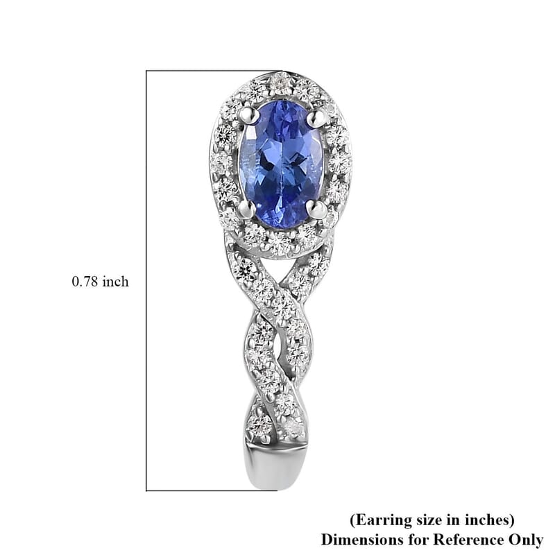 AAA Tanzanite and White Zircon J-Hoop Earrings in Platinum Over Sterling Silver 1.50 ctw