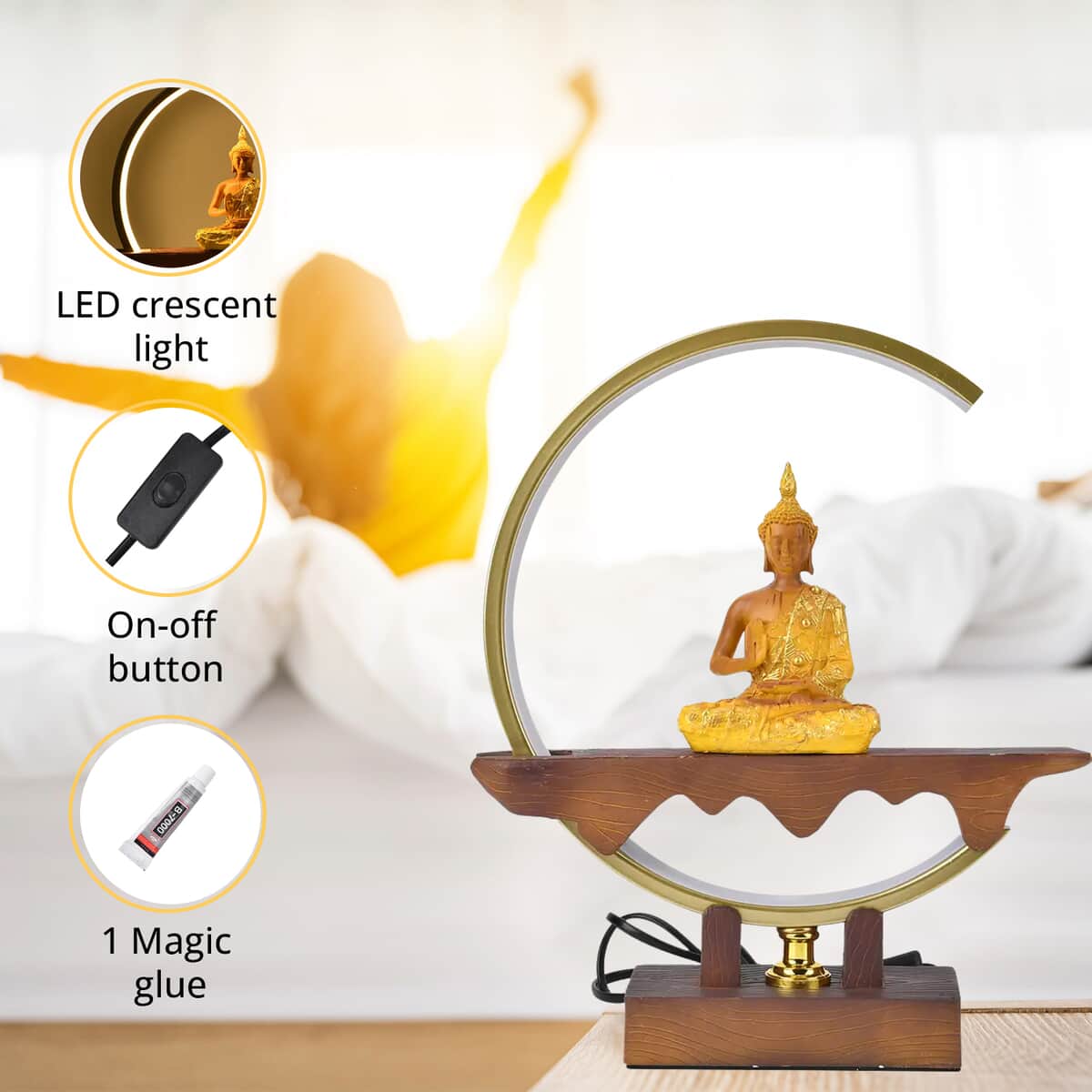 USB Golden Meditating Buddha Crescent Light Table Lamp image number 4