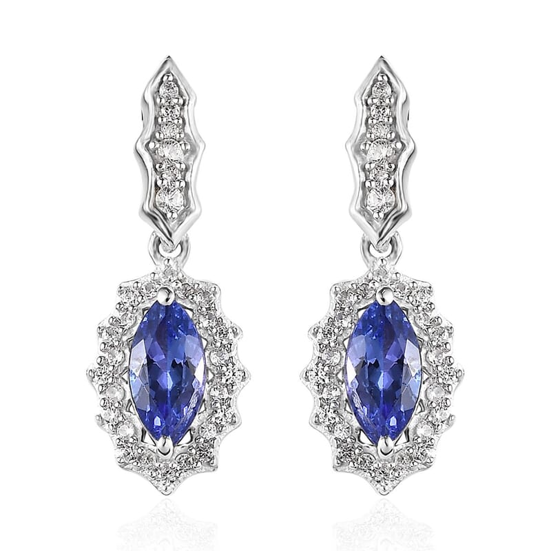 AAA Tanzanite and White Zircon Earrings in Platinum Over Sterling Silver 1.10 ctw
