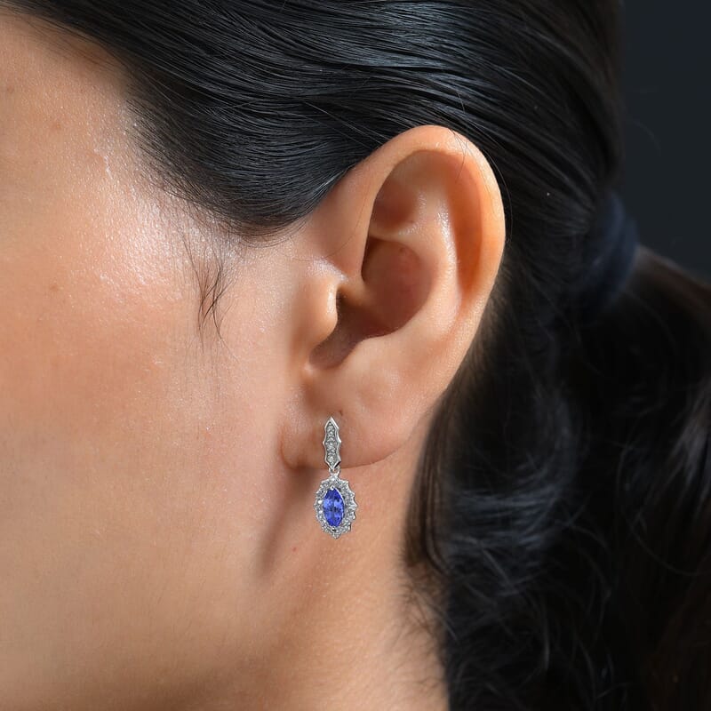 AAA Tanzanite and White Zircon Earrings in Platinum Over Sterling Silver 1.10 ctw
