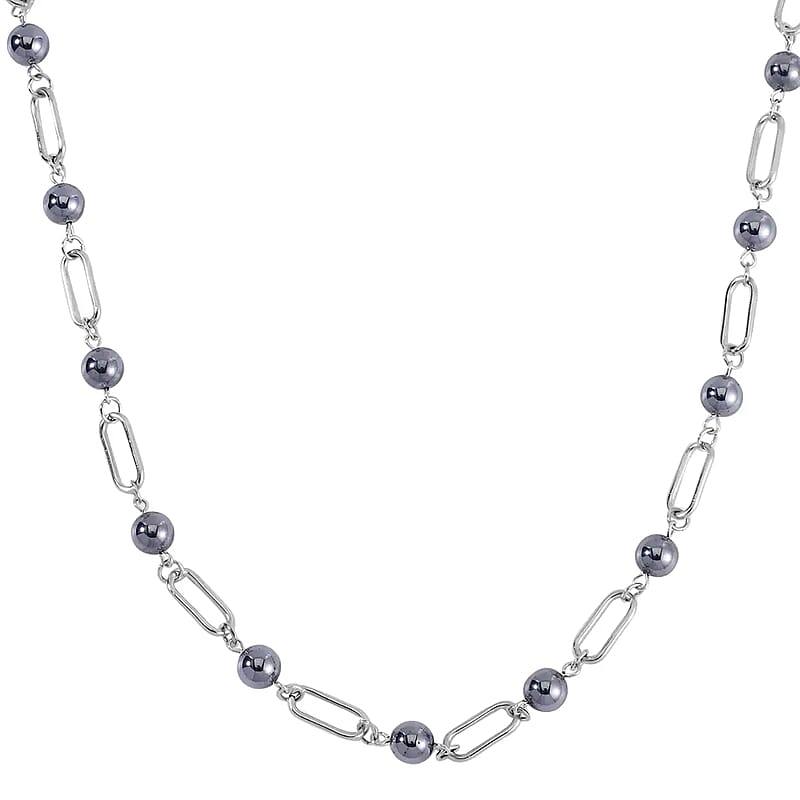 Terahertz 53.00 ctw Beaded Paper Clip Chain Station Necklace 20-21 Inches in Stainless Steel