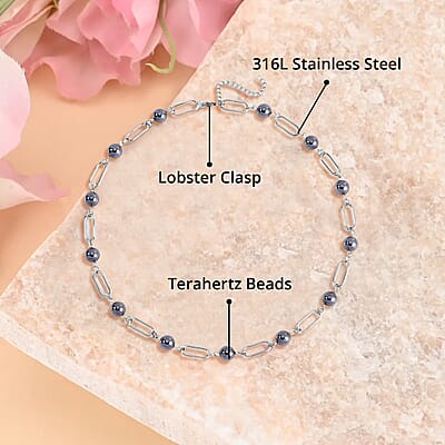 Terahertz 53.00 ctw Beaded Paper Clip Chain Station Necklace 20-21 Inches in Stainless Steel