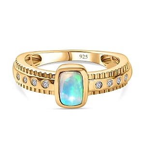 Ethiopian Welo Opal and White Zircon 0.53 ctw Ring in Vermeil Yellow Gold Over Sterling Silver (Size 10)