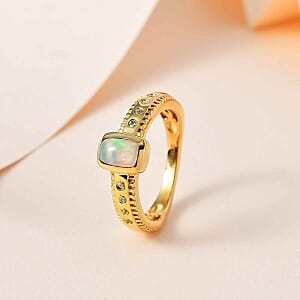 Ethiopian Welo Opal and White Zircon 0.53 ctw Ring in Vermeil Yellow Gold Over Sterling Silver (Size 10)