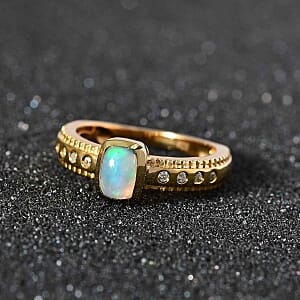 Ethiopian Welo Opal and White Zircon 0.53 ctw Ring in Vermeil Yellow Gold Over Sterling Silver (Size 10)