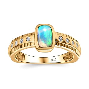 Ethiopian Welo Opal and White Zircon 0.53 ctw Ring in Vermeil Yellow Gold Over Sterling Silver (Size 10)