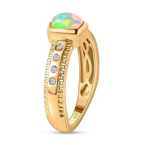 Ethiopian Welo Opal and White Zircon 0.53 ctw Ring in Vermeil Yellow Gold Over Sterling Silver (Size 10)