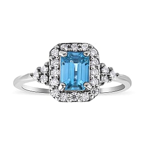 Cambodian Blue Zircon and Moissanite Halo Ring in Platinum Over Sterling Silver (Size 6.0) 1.75 ctw