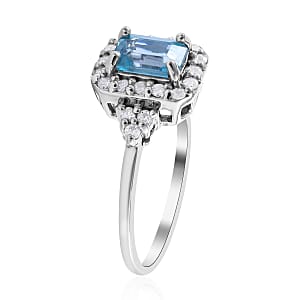 Cambodian Blue Zircon and Moissanite Halo Ring in Platinum Over Sterling Silver (Size 6.0) 1.75 ctw
