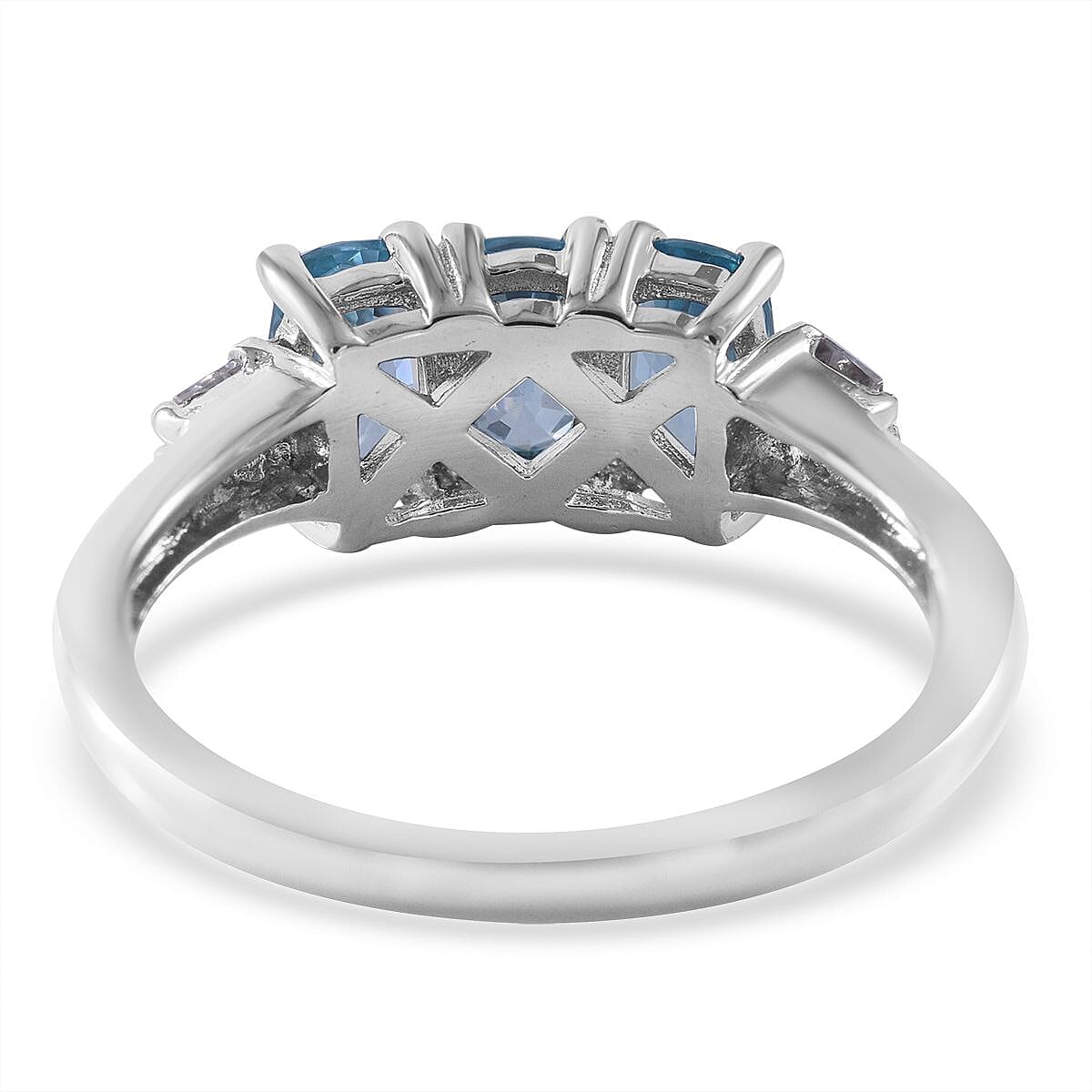 Cambodian Blue Zircon and White Zircon Trilogy Ring in Platinum Over Sterling Silver (Size 10.0) 2.70 ctw