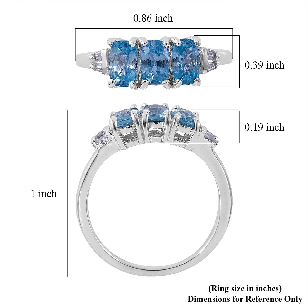 Cambodian Blue Zircon and White Zircon Trilogy Ring in Platinum Over Sterling Silver (Size 10.0) 2.70 ctw