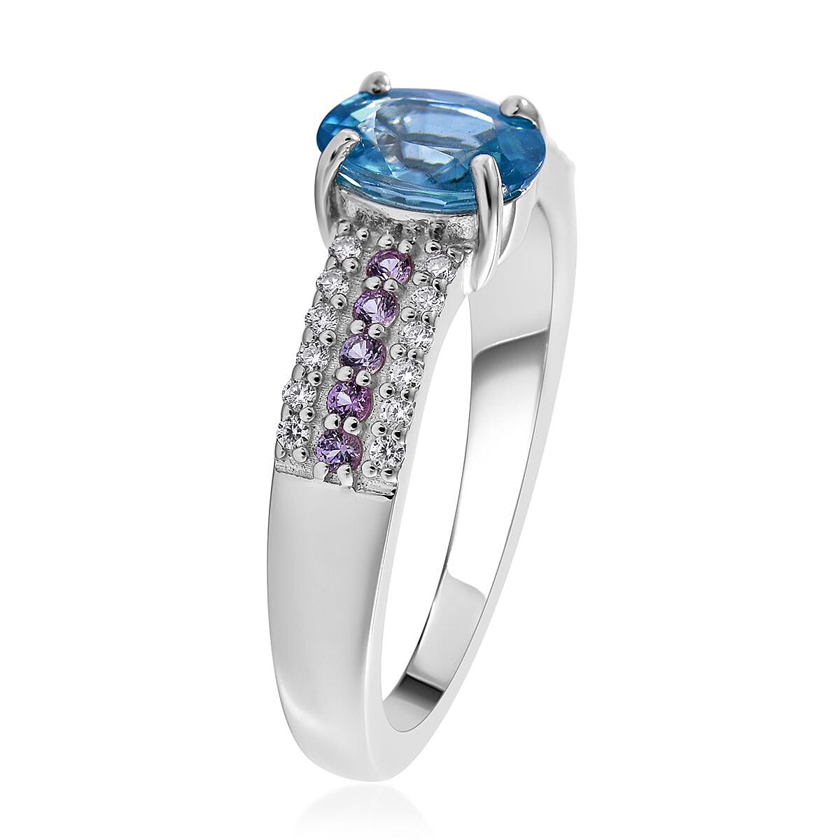 Cambodian Blue Zircon, Multi Gemstone Ring in Platinum Over Sterling Silver (Size 6.0) 1.50 ctw image number 2