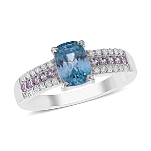 Cambodian Blue Zircon and Multi Gemstone Ring in Platinum Over Sterling Silver (Size 8.0) 1.60 ctw