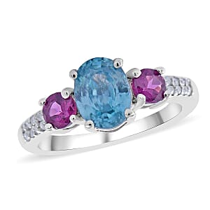 Cambodian Blue Zircon and Multi Gemstone Ring in Platinum Over Sterling Silver (Size 8.0) 2.00 ctw