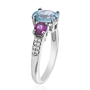 Cambodian Blue Zircon and Multi Gemstone Ring in Platinum Over Sterling Silver (Size 8.0) 2.00 ctw