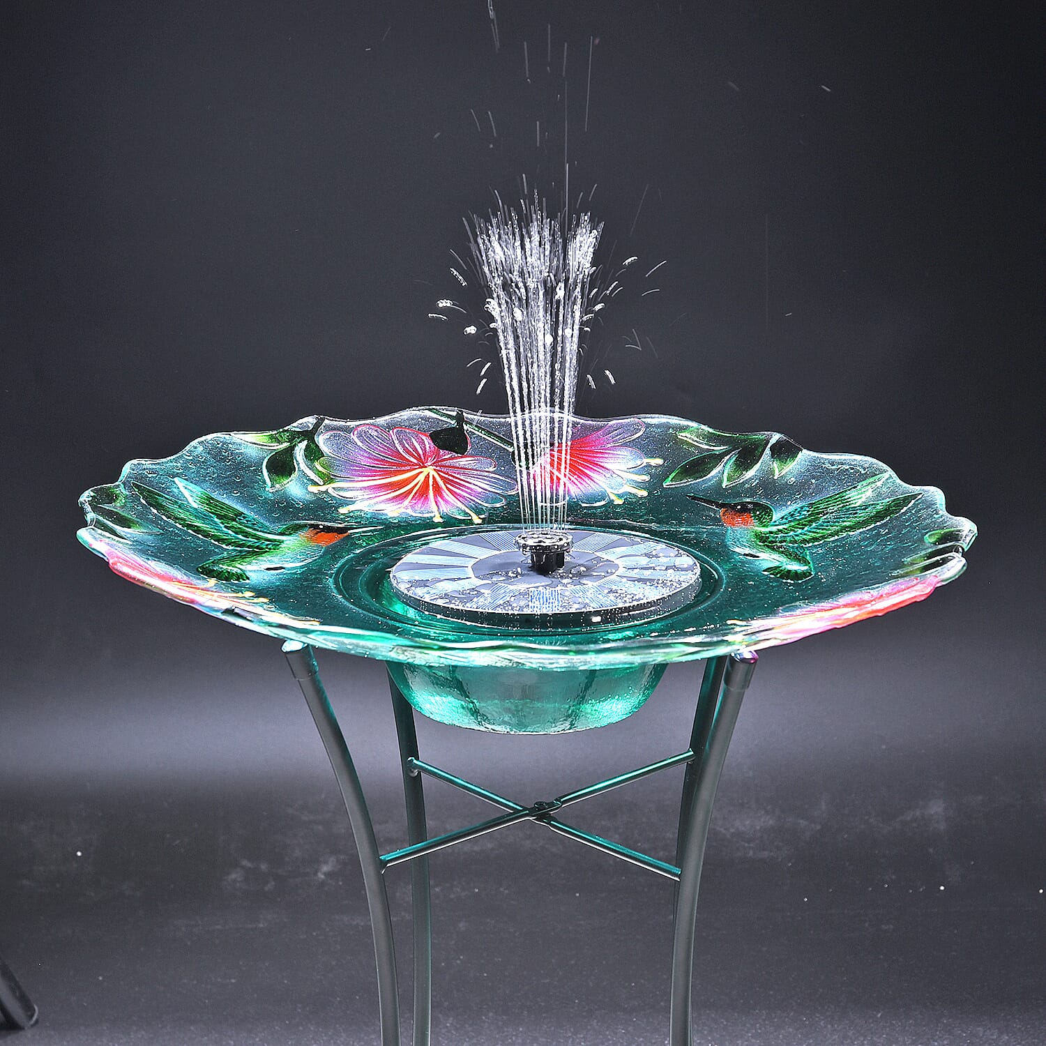 Solar Hummingbird Pattern Hand Painted Glass Bird Bath Water Fountain with Light
