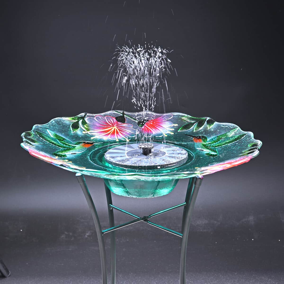 Solar Hummingbird Pattern Hand Painted Glass Bird Bath Water Fountain (18.11"x18.11"x23.22") image number 3