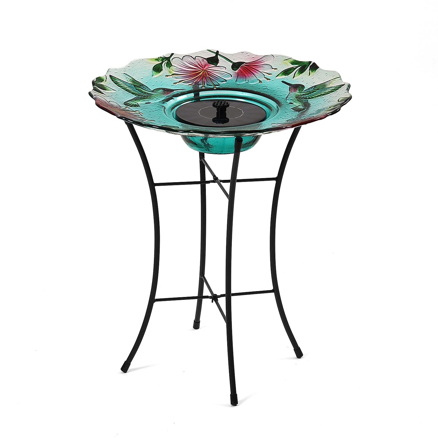 Solar Hummingbird Pattern Hand Painted Glass Bird Bath Water Fountain with Light