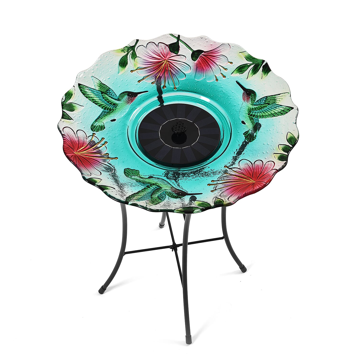 Solar Hummingbird Pattern Hand Painted Glass Bird Bath Water Fountain with Light