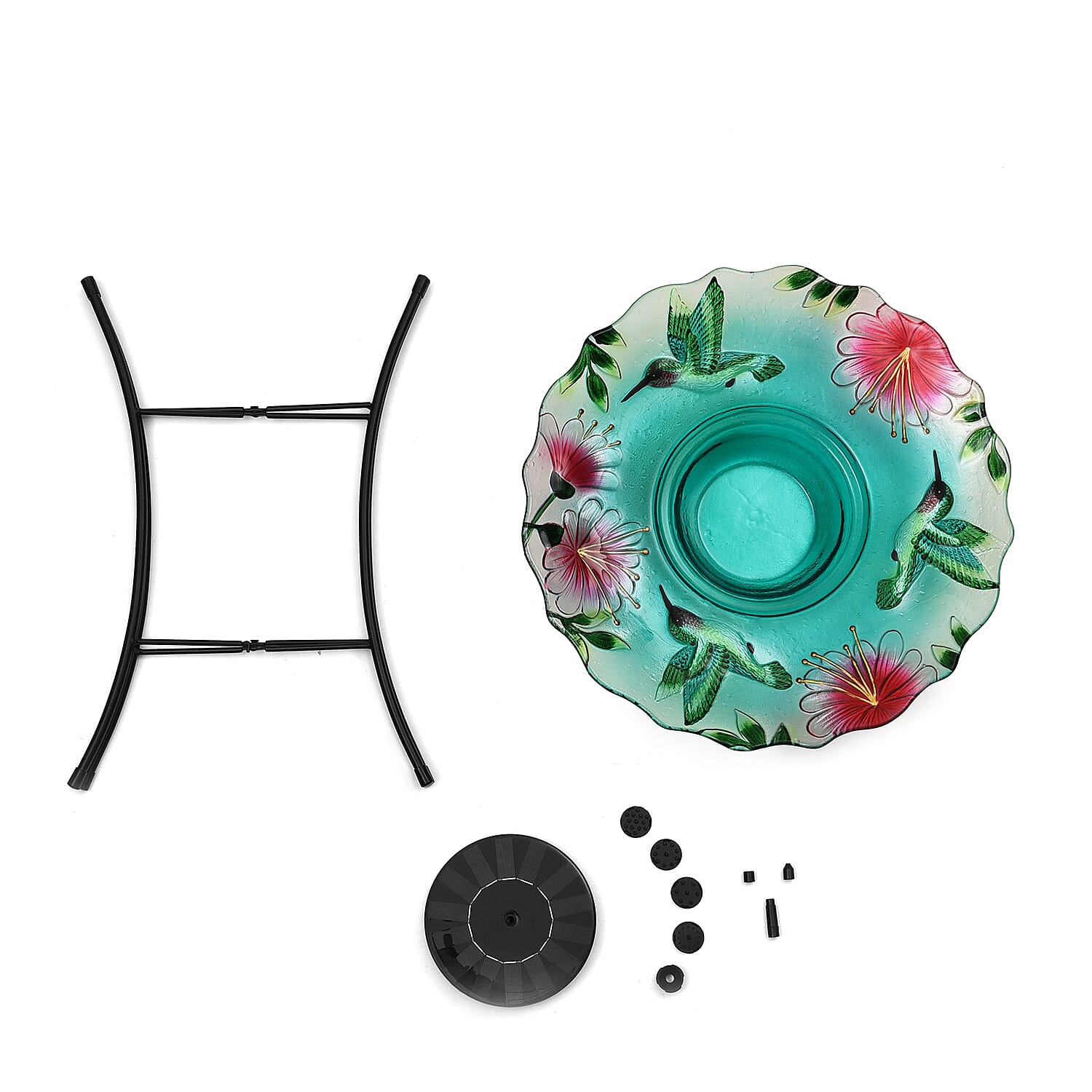 Solar Hummingbird Pattern Hand Painted Glass Bird Bath Water Fountain with Light
