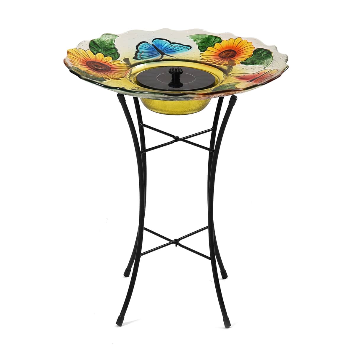 Solar Sunflower Pattern Hand Painted Glass Bird Bath Water with Light Fountain  image number 0