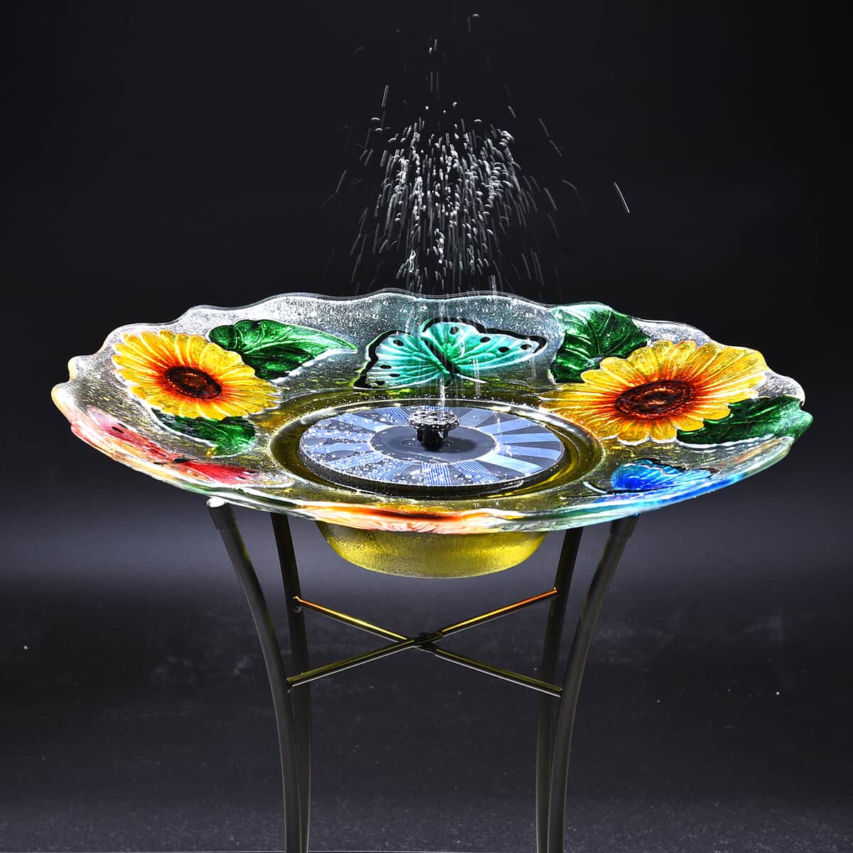 Solar Sunflower Pattern Hand Painted Glass Bird Bath Water with Light Fountain  image number 1