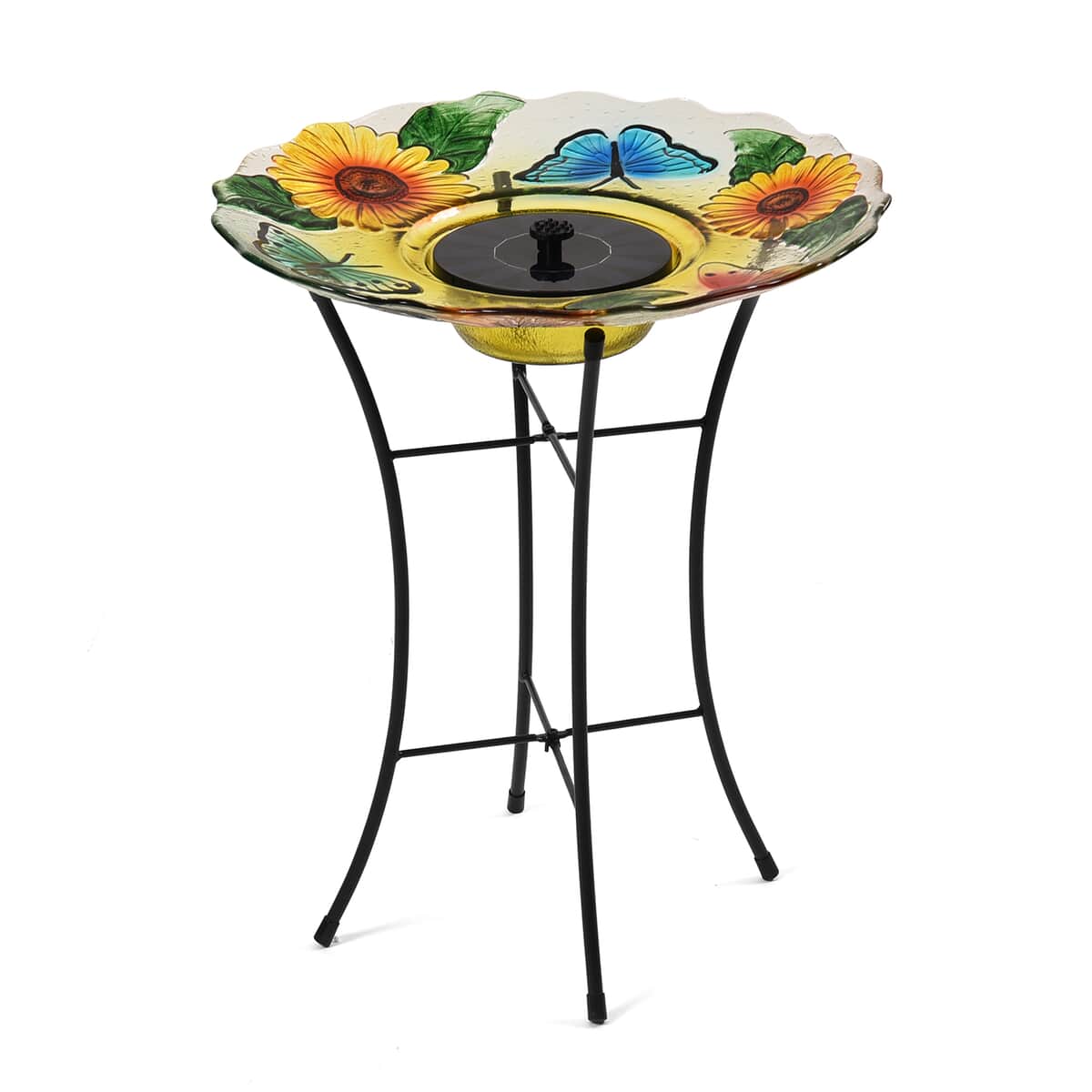 Solar Sunflower Pattern Hand Painted Glass Bird Bath Water with Light Fountain  image number 4