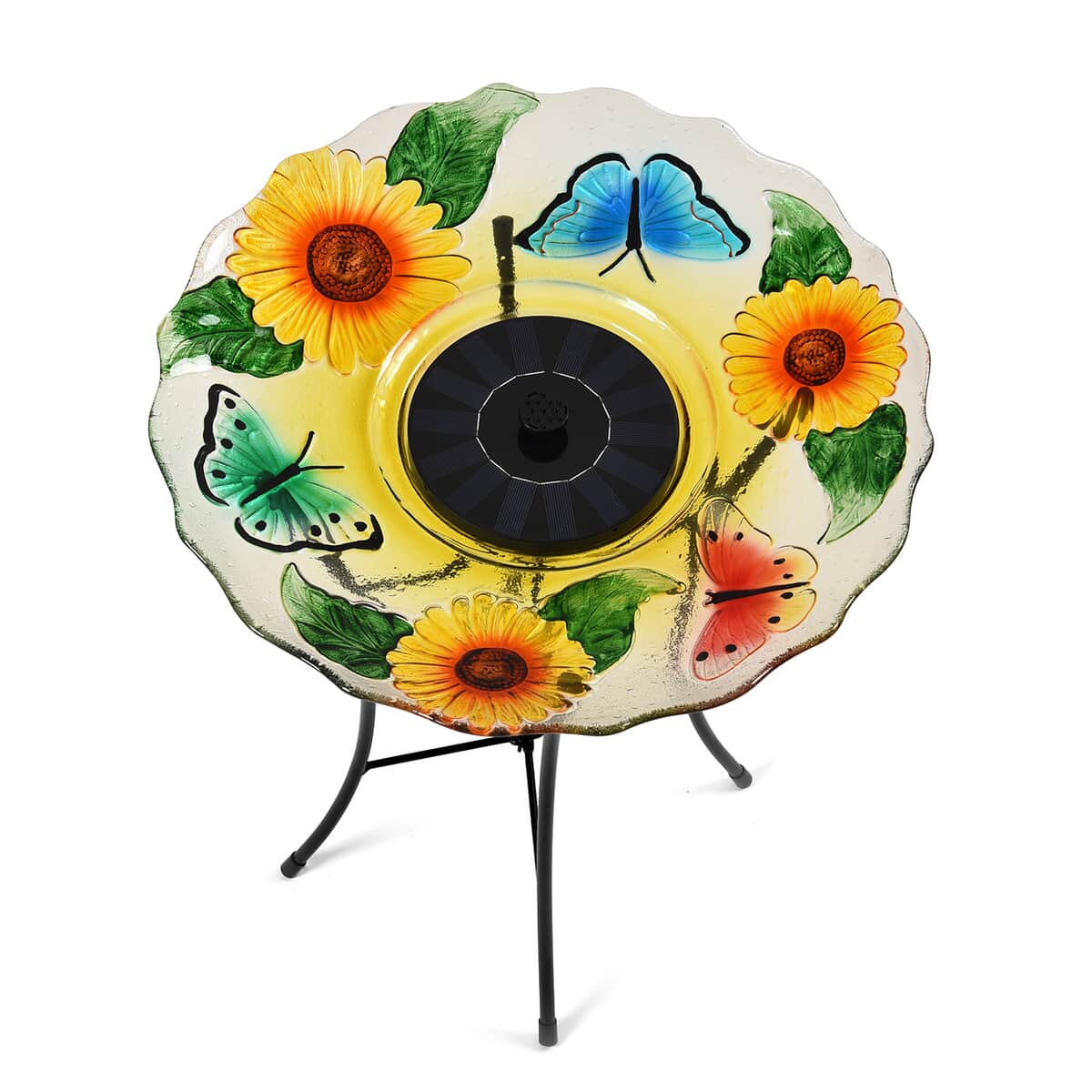 Solar Sunflower Pattern Hand Painted Glass Bird Bath Water with Light Fountain  image number 5