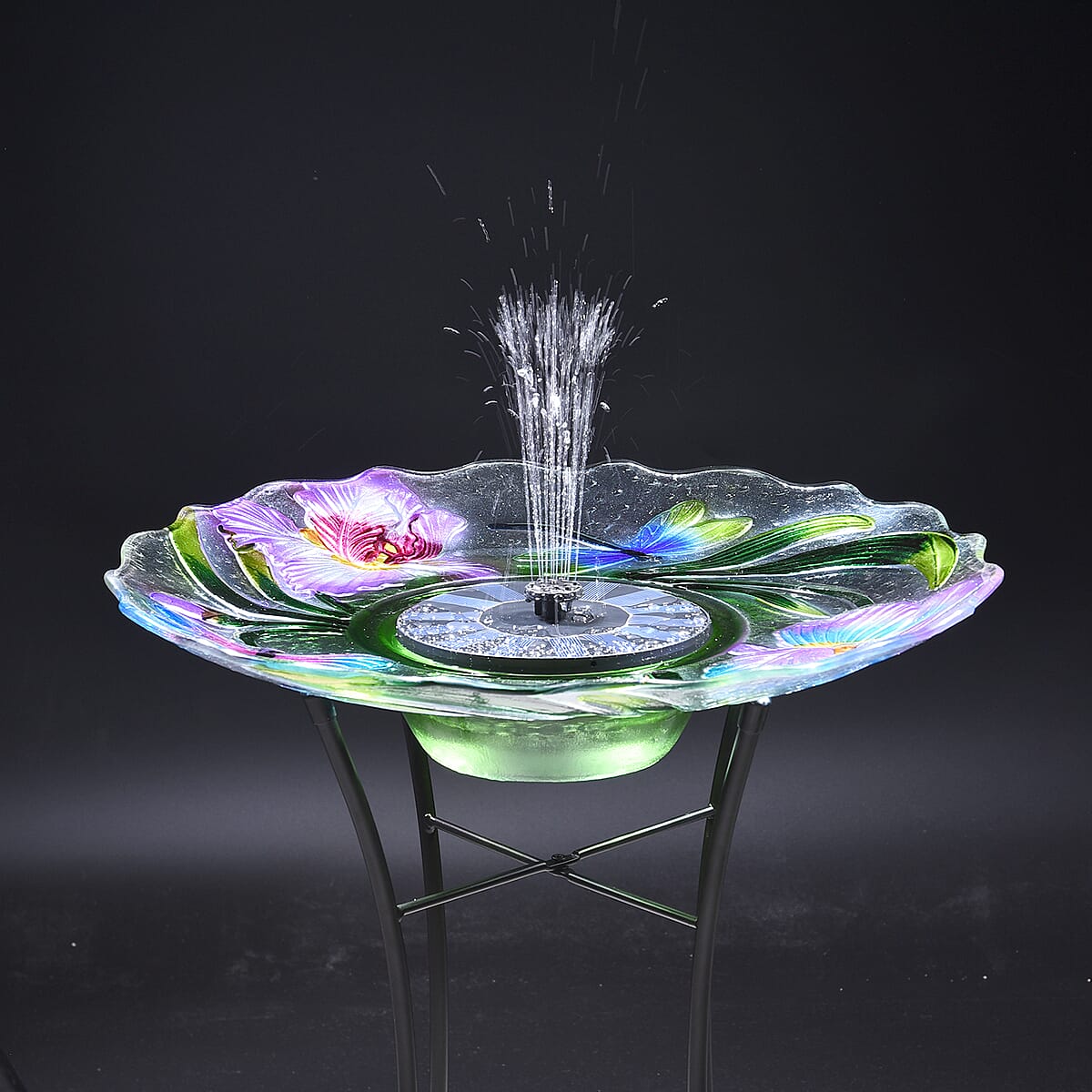 Solar Dragonfly Pattern Hand Painted Glass Bird Bath Water Fountain with Light image number 1