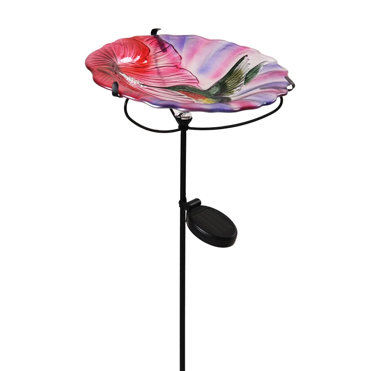 Solar Hummingbird Pattern Hand Painted Glass Bird Feeder Stake (300 mAh Battery Included) image number 0