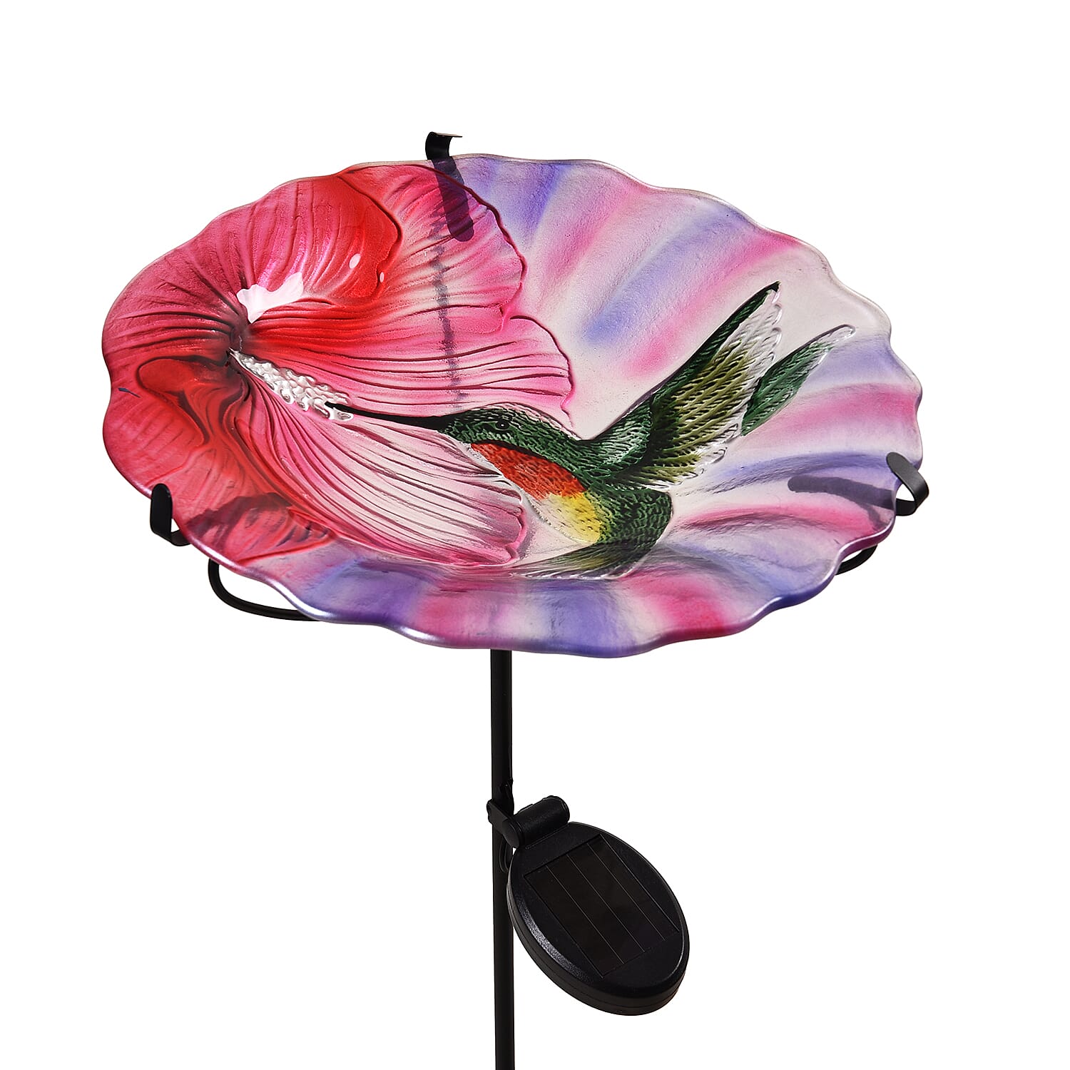 Solar Hummingbird Pattern Hand Painted Glass Bird Feeder Stake (300 mAh Battery Included)